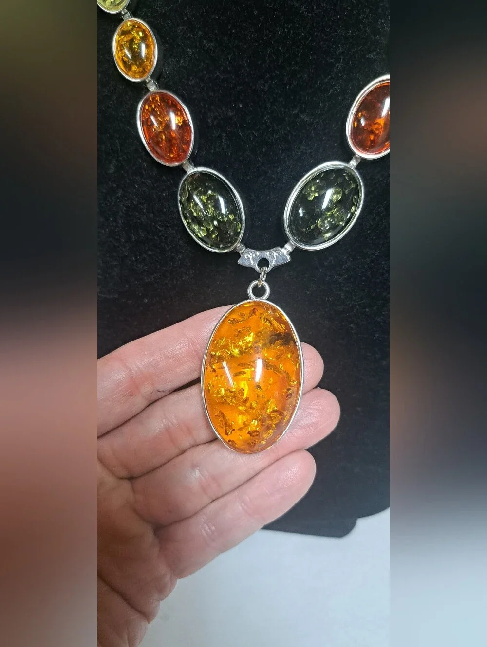 Gorgeous Chunky Golden Honey Amber Dangle Silver Necklace Statement